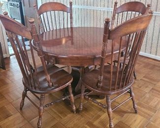 1 of 5 Solid wood Vintage Dinning Table with large base and 4 high back chairs
