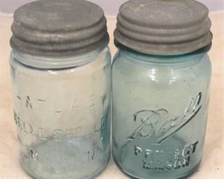 15 - Pair of Blue/Glass Mason Jars (Atlas + Ball) 6" tall
