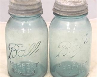 53 - Pair Ball Blue Glass Mason Jars 7" tall