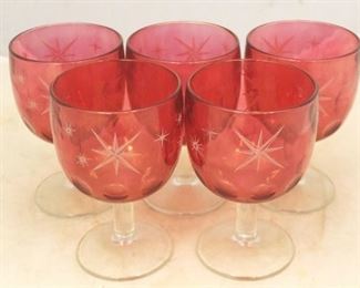 128 - Set of 5 Cranberry/Clear Goblets - 6" tall
