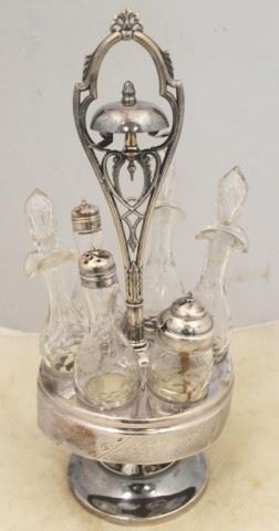 137 - Vintage silver plate & glass castor set w/ bell 18 x 7 Small chip on one stopper
