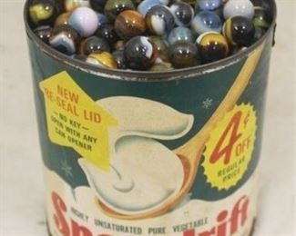 184 - Vintage Metal Can full of Glass Marbles 5 1/4" x 6"

