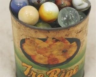 190 - Vintage Metal Can Full of Glass Marbles 4" x 5"

