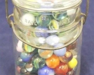 286 - Glass Mason Jar Full of Marbles 5 1/2" tall
