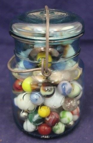 383 - Ball Mason Jar full of Glass Marbles 6" tall
