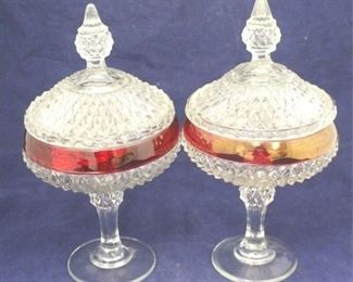 409 - Pair of Red/Clear Compotes w/ Lids 12" tall
