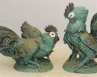 416 - Pair of Art Pottery Rooster Statues 7 1/4 " & 10 1/2" tall

