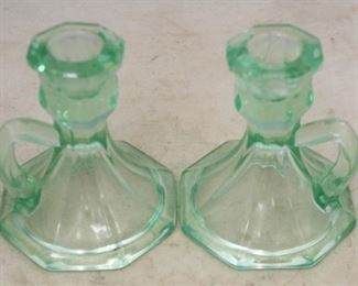 424 - Pair of Green Glass Candle Holders 4 1/4 tall
