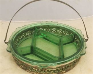 423 - Green Glass Divided Liner w/ Silver Plated Carrier 9 1/2 x 6
