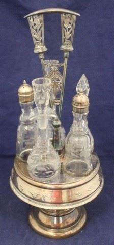 455 - Antique Silver Plate & Glass Caster Set 17 1/2" x 7" small crack in one bottle
