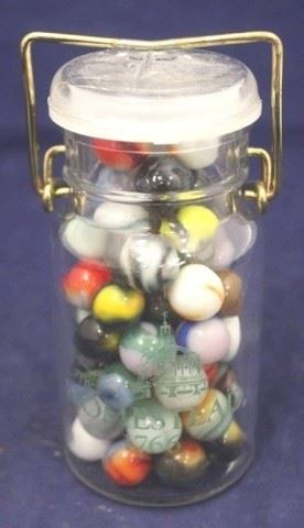 462 - Glass Mason Jar Full of Marbles 5 1/2" tall

