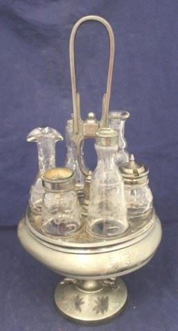 471 - Antique Silver Plate & Glass Caster Set 17 x 8 missing stoppers

