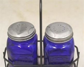506 - Blue Glass Salt & Pepper Shaker w/ Metal Holder