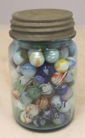 604 - Ball Mason Jar Full of Glass Marbles - 5 1/2" tall
