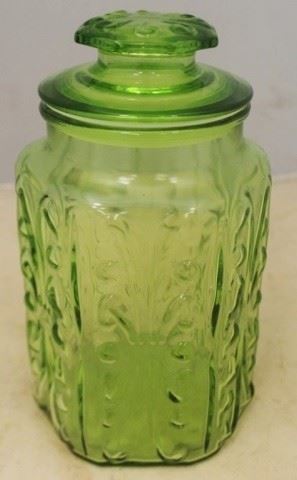 610 - Green Glass Jar Canister - 9 1/2 tall
