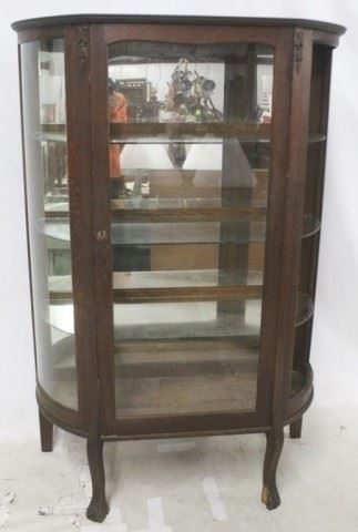 641 - Oak Carved Curved Glass China Cabinet AS IS - Missing Glass on Side/Damaged Foot 50 x 41 x 15