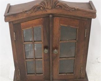 664 - Mahogany Carved Hanging Cabinet AS IS - Broken Glass on Side 24 x 19 x 5 1/2
