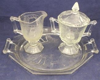 853 - Baltimore Pear pressed glass 3 pc set Creamer, Sugar and Tray