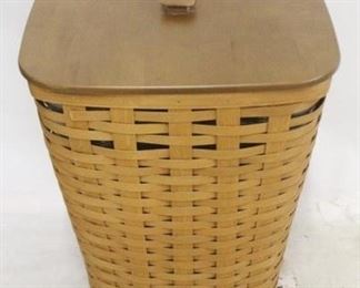 908 - Longaberger Laundry Basket w/ Lid & Liner 17 1/2 x 17 1/2 x 22 includes wooden lid & plastic liner
