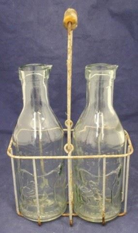 929 - Metal Carrier w/ 2 Glass Milk Bottles 8 x 6 x 12