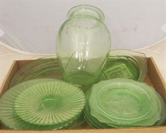 936 - Tray Lot of Assorted Green Depression Glass Large vase has crack
