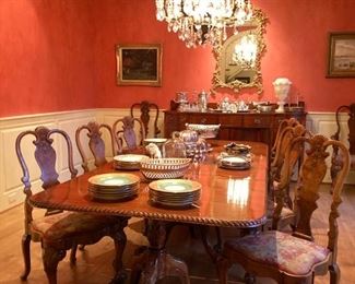 Spectacular Antique Pedestal Dining Table with ornate Cabriole legs and Claw and Ball feet, shown with one 36" leaf, 108Lx49W