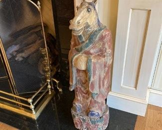 ANTIQUE CHINESE CARVED WOODEN HORSE ON STAND