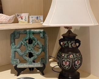 ANTIQUE FRENCH CLOISONNE LAMP  WITH SILK SHADE AND FINIAL, AND DECORATIVE ACCESSORIES