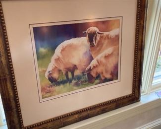 ORIGIANL WATERCOLOR OF SHEEP IN MEADOW BY SUSAN CROUCH, SIGNED