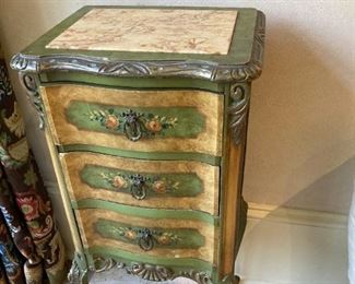 (2) FRENCH ANTIQUE, PAINTED ACCENT CHESTS WITH MARBLE TOP INSET, CABRIOLE LEGS AND SHELL MOFIFF