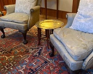 PAIR OF ANTIQUE FRENCH LADIES CHAIRS PURCHASED IN BOSTON, WITH CABRIOLE CLAW AND BALL FEET, UPHOLSTERED IN SOFT BLUE DAMASK WITH NAILHEAD TRIM DETAIL
