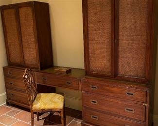 VINTAGE CAMPAIGN DESK & CABINET/SHELF/CHEST COMBO WITH WOVEN INSERTS, VINTAGE BAMBOO CHINOISERIE  ACCENT CHAIR