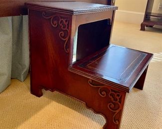 LEATHER TOPPED BED OR LIBRARY STEPS, SOLID CROTCH MAHOGANY, HAND FINISHED AND HAND WAXED WITH HAND TOOLED LEATHER, 18WX20DX18H