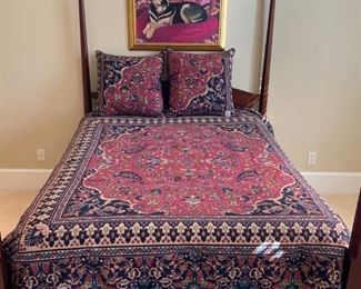 FOUR POSTER ANTIQUE BED AND VINTAGE RALPH LAUREN BEDSPREAD AND PILLOWS