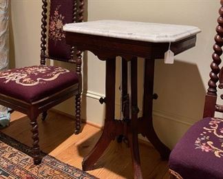 PAIR OF ANTIQUE EMPIRE STYLE CHAIRS  WITH NEEDLEPOINT UPHOLSTERY AND MARBLE TOP ACCENT TABLE 