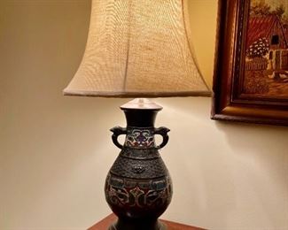 ANTIQUE CLOISONNE LAMP WITH SILK SHADE AND FINIAL