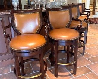 (6) LEATHER SWIVEL BAR STOOLS WITH NAILHEAD TRIM AND CURVED FRENCH STYLE ARMS