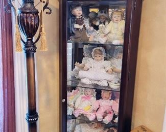 Corner Display Cases filled with Collector Dolls. Floor Lamp/Torchier.