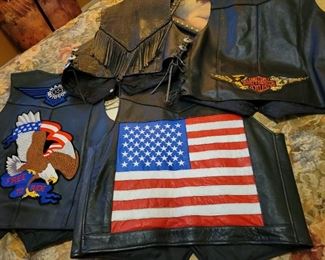 Leather Vests and Jackets by Harley Davidson and other brands.