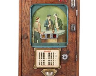 1001
A Keystone Novelty & Mfg. Co. "The Domino" Slot Machine
Circa Late 1920s
"The Domino," or "Lucky Dice," coin-op slot machine with painted metal panel depicting three automata figures centering three reels, set behind a glazed door in a oak case with painted accents
24.5" H x 17.25" W x 9.5" D
Estimate: $500 - $700