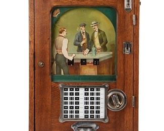 1002
A Keystone Novelty & Mfg. Co. "The Domino" Slot Machine
Circa Late 1920s
"The Domino," or "Lucky Dice," coin-op slot machine with painted metal panel depicting three automata figures centering three reels, set behind a glazed door in a oak case with painted accents
24.875" H x 18" W x 4.25" D
Estimate: $500 - $700