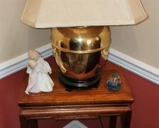 Asian Style Side Table and Brass Lamp