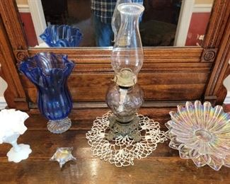 Cobalt Blue Glass Vase, Fenton Milk Glass Compote
