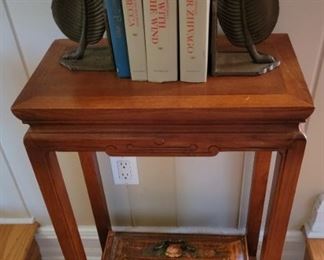 ASian Style Wood Side Table, Metal Leaf Bookends 