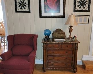 Paul Roberts Wing Back Arm Chair and Wood Cabinet