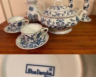 Blue Danube Japan Covered Casserole, Teapot, 2 Sets Cups & Saucers, Pair Candlesticks 