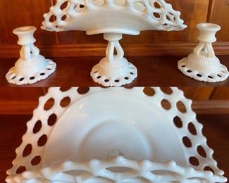 Westmorland Milkglass Lace Edge Banana Boat Pedestal Centrepiece As-Is Repaired & Pair matching Candlesticks 