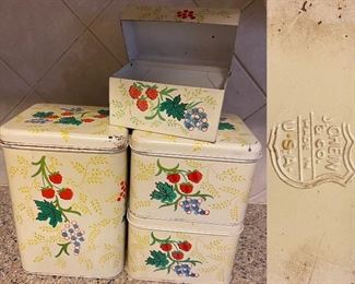 Set of 3 Vintage J Chein & Co. Metal Cannisters w/matching Recipe Box
