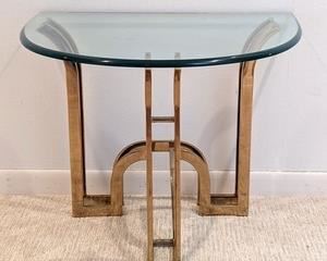 Vintage Brass Contemporary Glass Topped Accent Table. There is some light wear on the brass finish, but in overall great condition. Measures 22” x 28” and 22” high