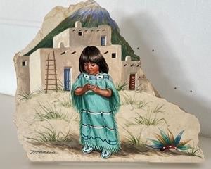 This painting on Verdi antique marble by Marcia Abramsohn measures 15 inches wide and 12 inches tall.